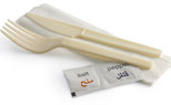 Biodegradable and compostable cutlery set: knife, fork (made from BioPlastic), salt & pepper and serviette